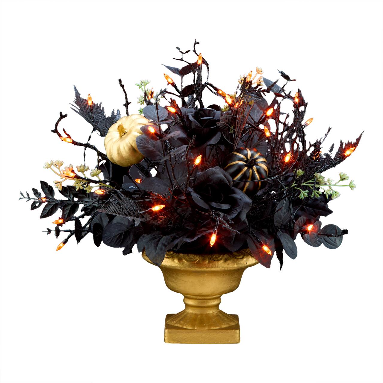 16" Chic Eek Black LED Halloween Centerpiece in Gold Urn